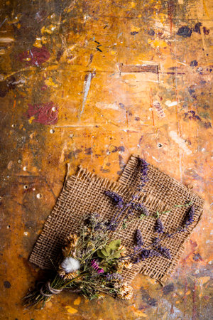 Dried Flowers on a wooden background Autumn Still Lifeの写真素材