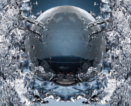 glass globe planet in drop water splash on blue backgroundの写真素材