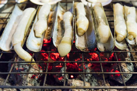 Grilled razor clams on the grill.の写真素材