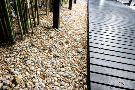 Black wooden garden path on white pebbles with bamboo trees on side.の写真素材