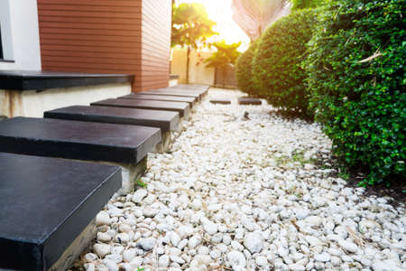 Selective focus of black rocks walking way in tropical garden, Black stones garden path on white pebbles and lush green shrub tree with copy space.の写真素材