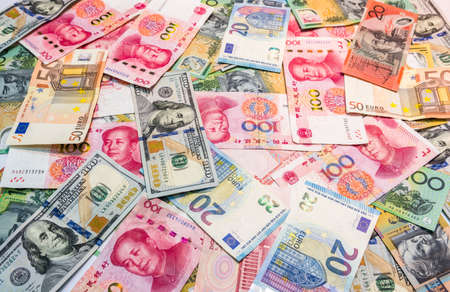 World's major currencies American dollar, Euro money, Australian dollar and Chinese yuan as money background.の写真素材