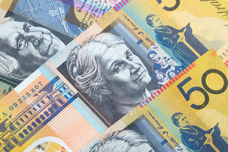 Closeup fifty Australian dollar banknotes as money and currency background.の写真素材