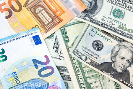 Various banknotes from different countries in world as US Dollar, Euro and Australia dollar concept of exchange, financial, business, and trading. Currency background.の写真素材