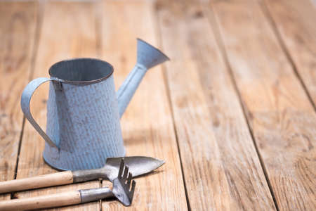 Vintage blue watering can and small garden tools on wooden background with copy space.の写真素材