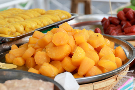Cassava in Syrup,Thai desserts in a street food shopの写真素材