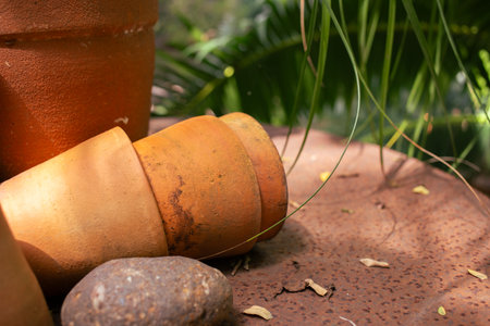 Background image, terracotta potted plants for garden decoration.の写真素材
