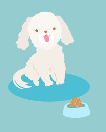 white poodle dog smiles and his food bowlのイラスト素材