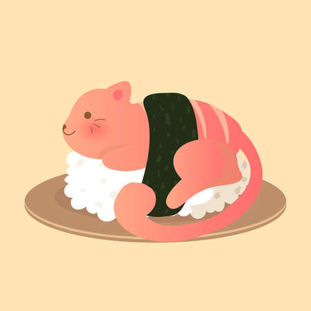 orange salmon cat sushi with seaweed nori in brown wood plateのイラスト素材