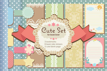 cute pastel lace bookmarks book sticker and blank paper page setのイラスト素材
