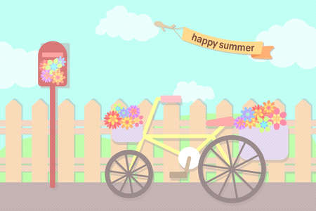 pastel flowers in bicycle basket and post box at street in summer sky with text ribbonのイラスト素材