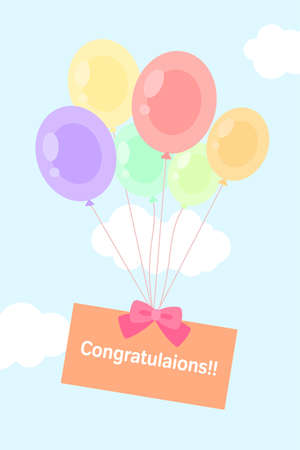 pastel float balloon in clear sky with congratulations card flat styleのイラスト素材