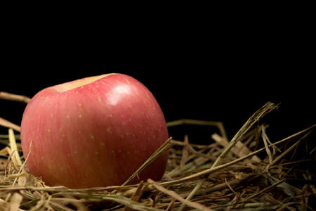 apple. straw. on wood. black background.の写真素材