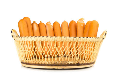 sausage in basket wood isolated on white background.の写真素材
