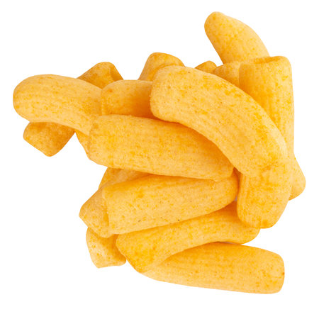 cylindrical crispy snack pile on white background.の写真素材