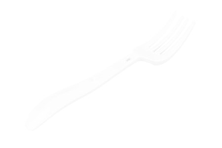 White plastic fork instant noodles on a white background.
