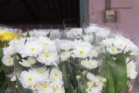 White Flowers Wrapped in Plastic Displayed at Flower Shop.の写真素材