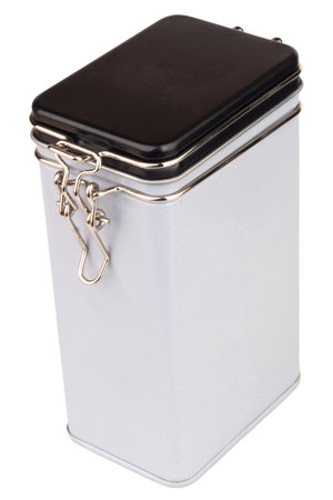 Coffee storage box isolated on white background steel iron old.の写真素材