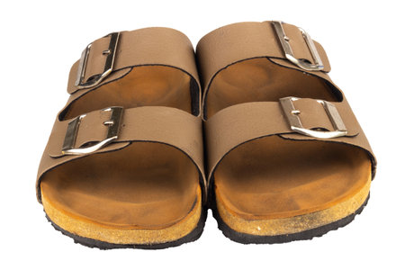 Brown leather sandals on white background.の写真素材