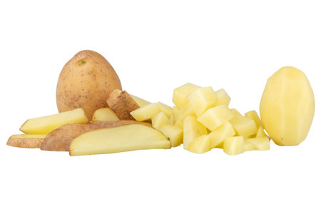 potato isolated on white background slice cut pile cube piece.の写真素材