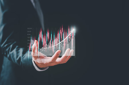 concept of investment planning and strategy, Stock market, Business growth, progress or success concept. Businessman or trader is showing a growing virtual hologram stock, invest in trading.の写真素材