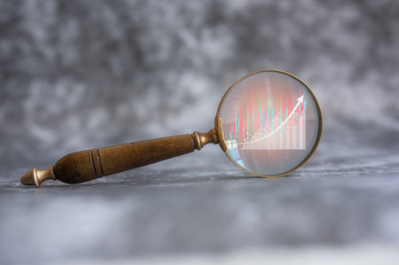 magnifying glass background searching for best option to investment in stock market or mutual funds, sale deal, Data Search, information, stock market, trading graph,の写真素材
