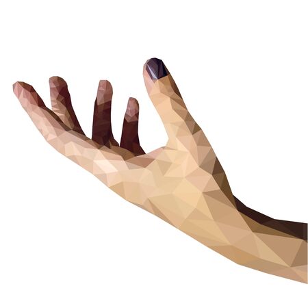 Polygonal human hand on white background. Woman's hand in a polygonal style. Triangular hand gesture. Low poly vector illustration.のイラスト素材