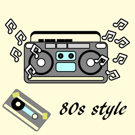 80s retro style, Vintage retro 80's vector fashion flyer. 1980 disco. Record player and audio cassette.のイラスト素材