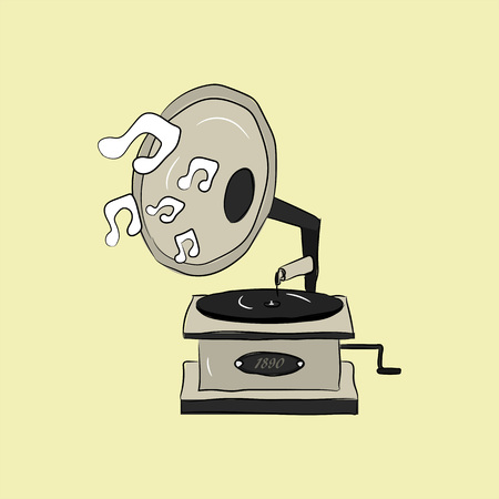 Vintage retro hand drawn gramophone in vector style. Turntable with music notesのイラスト素材
