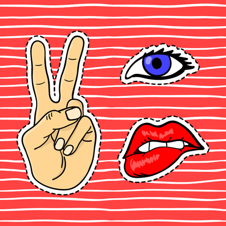 Lips, eye, hand. Retro sticker patch set. Vector cartoon 80s - 90s comic style.のイラスト素材