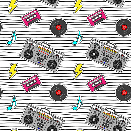 Seamless pattern with pop art stickers with tape recorder, cassette, vinyl record on modern texture with black stripes. Vector cartoon 80s - 90s comic style.のイラスト素材