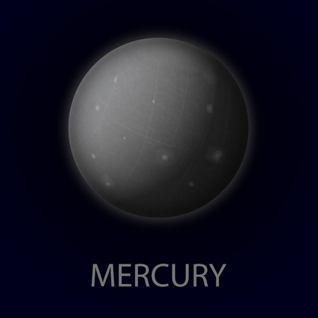 Mercury. Realistic planet of the solar system. First planet from the sun. Vector gray illustration on dark background.のイラスト素材