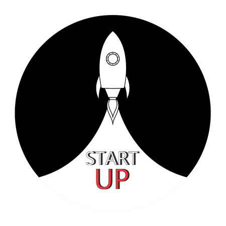 Rocket flat launch. Start up. Black and white illustration.のイラスト素材