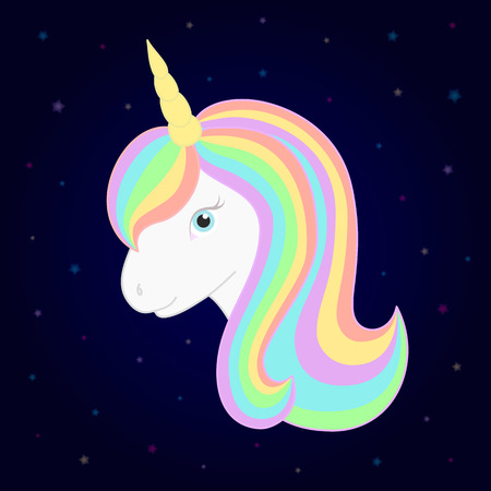 Cute unicorn. Vector unicorn head with beautiful rainbow mane and horn. Starry background. Great for for kids t-shirt print, invitations and greeting cards.のイラスト素材