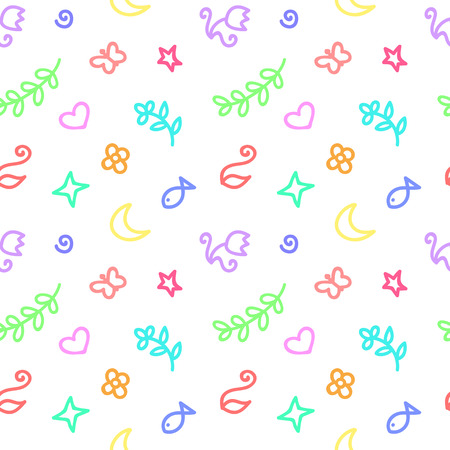 Colorful seamless pattern with children drawing. Doodle elements. Vector texture for your design wrapping paper, fabric, web.のイラスト素材