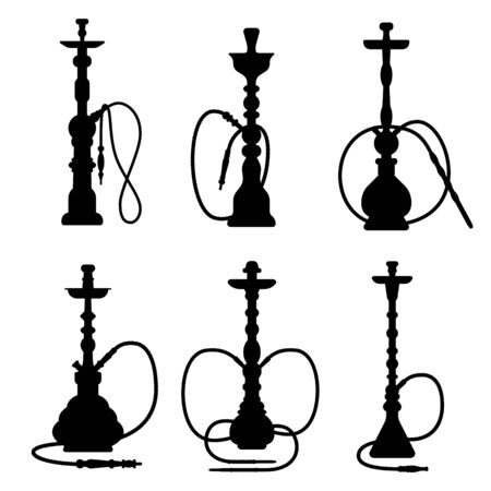 Hookah collection. Black and white logo. Vector silhouette. Hookah label, emblem badgeのイラスト素材