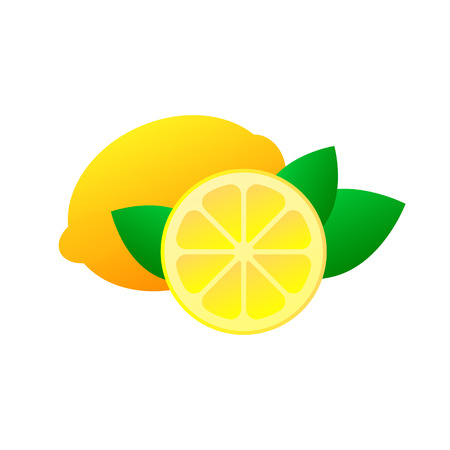 Vector icon of lemon fruit whole and sliced . Bright yellow citrus with leaves.のイラスト素材