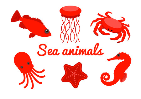 Set of sea creatures. Red cartoon sea animals isolated on white background. Vector illustration.のイラスト素材