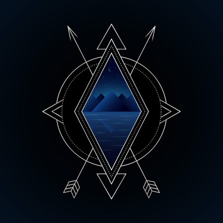 Tribal adventure tattoo with mountains. Vector sign with geometric shapes in boho style. Vector...