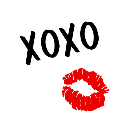 XOXO - hugs and kisses . Lip kiss. Red female lips. Valentines day. Vector illustrationのイラスト素材