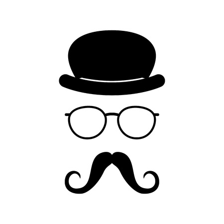 Man face with glasses, mustache and hat. Photo props. Gentleman. Detective. Vector illustrationのイラスト素材