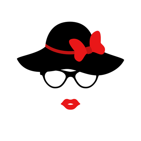 Retro lady in the black elegant hat with bow. Woman face. Boutique concept. Vector illustrationのイラスト素材