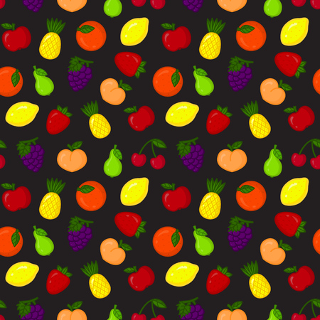 Cartoon fruits on black background seamless pattern. Ecology design with fruit icons for supermarket brochure, wrapping paper, fabric.のイラスト素材