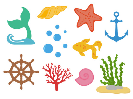 Underwater. Under the sea - mermaid tail, starfish, seashells, gold fish, coral, seaweed, handwheel, anchor bubbles Sea life Marine animals Vector illustrationのイラスト素材