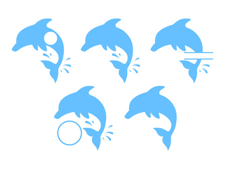 Jumping dolphins - blue silhouettes. Cute blue dolphins in cartoon style. Vector illustration for swimming pool brochure or banner. Isolated on white backgroundのイラスト素材