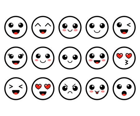 Set of emoji. Kawai outline faces. Cute emoticons. Flat smileys. Vector illustration isolated on white background.のイラスト素材
