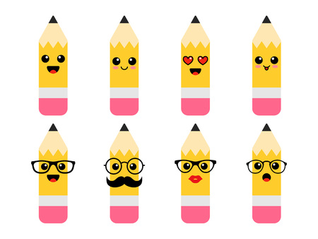 Funny pencils with emotions - pupils and teachers. Back to school. First day of school. Vector illustration isolated on white background.のイラスト素材
