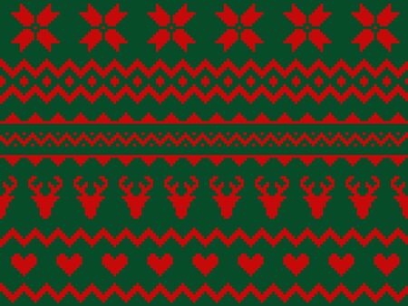 Nordic traditional seamless pattern. Norway Christmas sweater. Red and green knitted Christmas pattern with deers, hearts and snowflakes. Hygge. Scandinavian winter knitting patternのイラスト素材