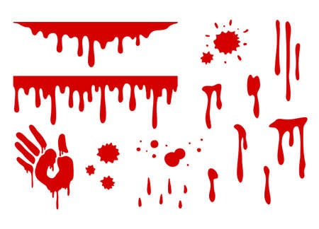 Collection of blood splatters. Halloween bleeding hand. Red paint isolated on white backgroundのイラスト素材