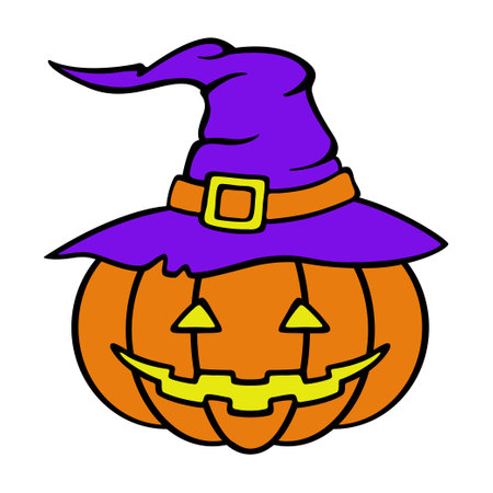 Halloween pumpkin with wizard hat. scary face. Jack o lantern. Vector character isolated on white backgroundのイラスト素材